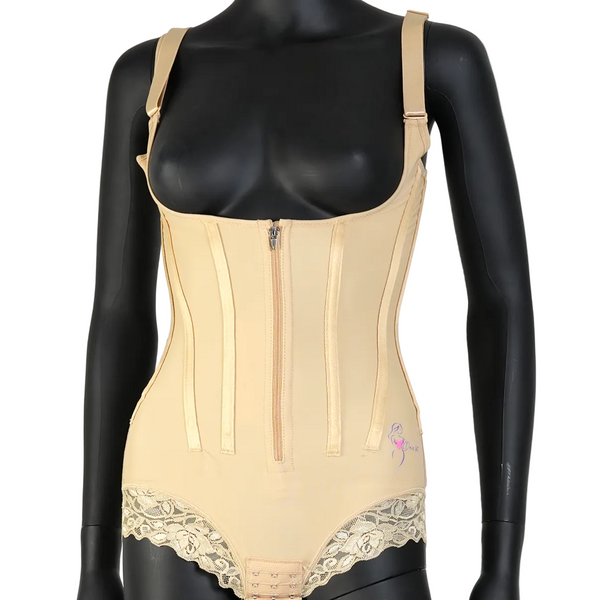 Bodysuit Under Bust Steel Bones Shapewear With Lace & Zipper
